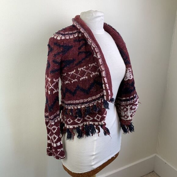 Anthropologie Moth Vera Fringe Cardigan XS S Sweater Aztec Cotton Red Cream Fall - Picture 13 of 15